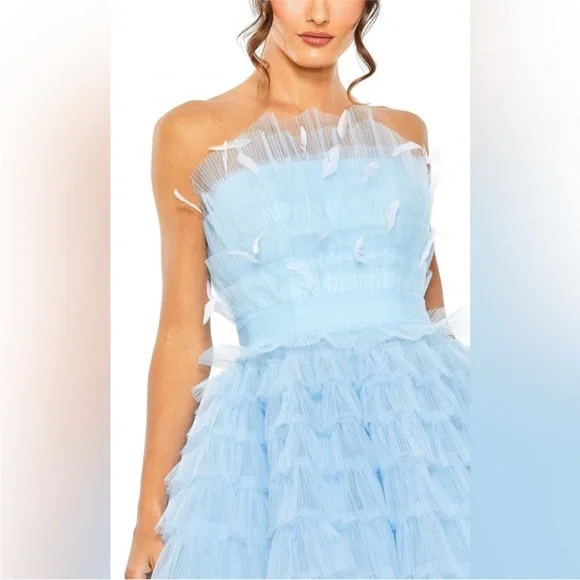 NWT $798 MAC DUGGAL Blue Feathered Strapless Tulle Fit and Flare Dress BLUE MINI Strapless